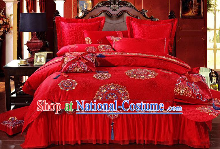 Traditional Asian Chinese Wedding Palace Qulit Cover Bedding Sheet Embroidered Flowers Ten-piece Duvet Cover Textile Complete Set