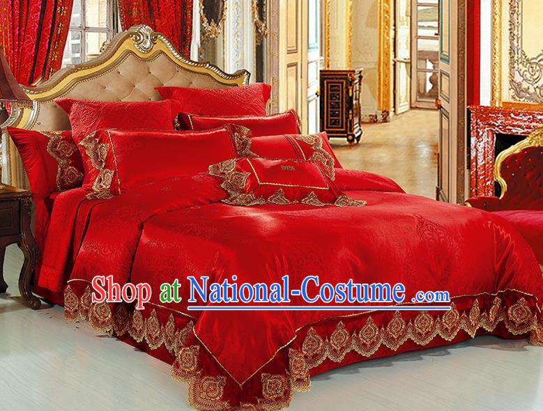 Traditional Asian Chinese Wedding Palace Qulit Cover Bedding Sheet Embroidered Ten-piece Duvet Cover Textile Complete Set