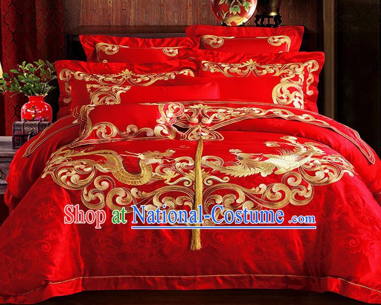 Traditional Asian Chinese Wedding Palace Qulit Cover Bedding Sheet Embroidered Dragon Phoenix Satin Ten-piece Duvet Cover Textile Complete Set