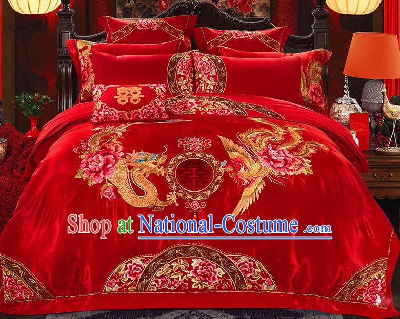 Traditional Asian Chinese Wedding Palace Qulit Cover Bedding Sheet Embroidered Dragon Phoenix Red Satin Ten-piece Duvet Cover Textile Complete Set