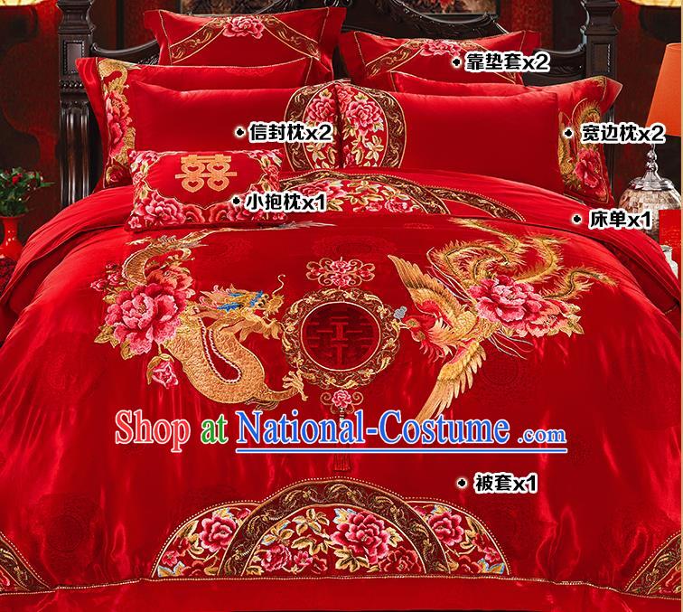 Traditional Chinese Style Wedding Bedding Article Embroidery Dragon and Phoenix Sheet and Duvet Cover Red Textile Bedding Suit