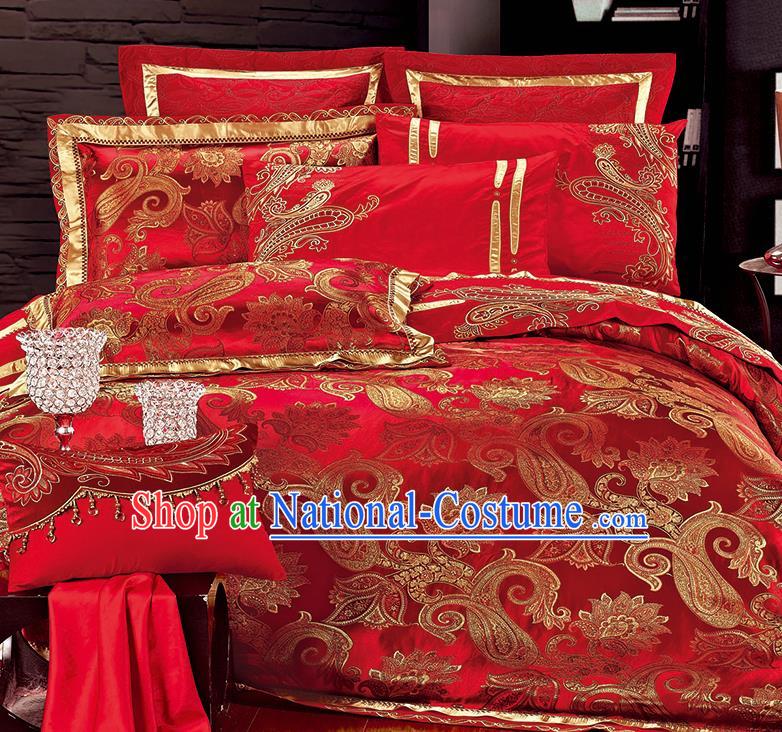 Traditional Asian Chinese Wedding Palace Qulit Cover Bedding Sheet Red Satin Ten-piece Duvet Cover Textile Complete Set