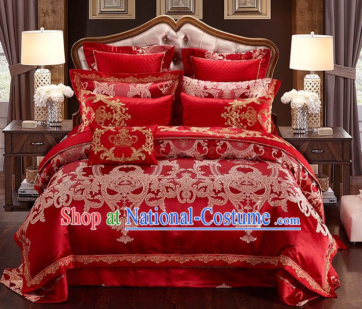 Traditional Asian Chinese Wedding Red Satin Palace Qulit Cover Embroidered Bedding Sheet Ten-piece Duvet Cover Textile Complete Set