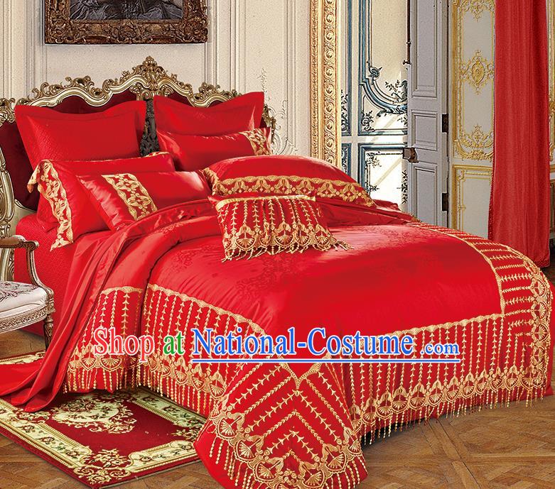 Traditional Asian Chinese Wedding Red Satin Qulit Cover Embroidered Palace Bedding Sheet Ten-piece Duvet Cover Textile Complete Set