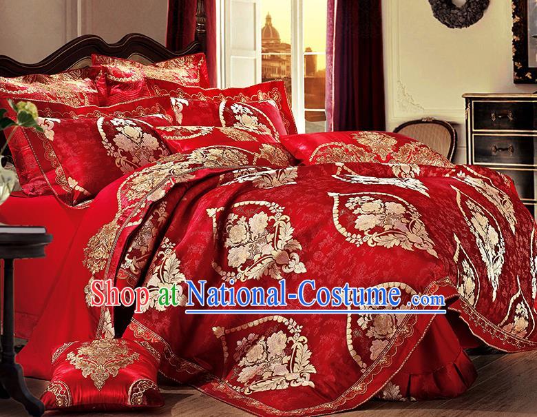 Traditional Asian Chinese Wedding Palace Qulit Cover Bedding Sheet Red Satin Ten-piece Duvet Cover Textile Complete Set