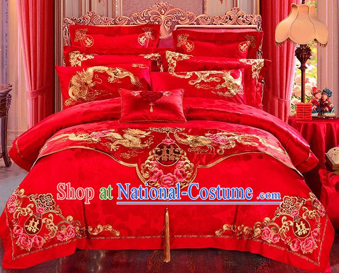 Traditional Asian Chinese Wedding Palace Qulit Cover Bedding Sheet Embroidered Dragon Phoenix Red Satin Eleven-piece Duvet Cover Textile Complete Set