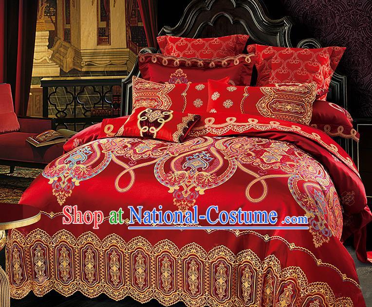 Traditional Asian Chinese Wedding Palace Lace Qulit Cover Bedding Sheet Embroidered Red Satin Ten-piece Duvet Cover Textile Complete Set