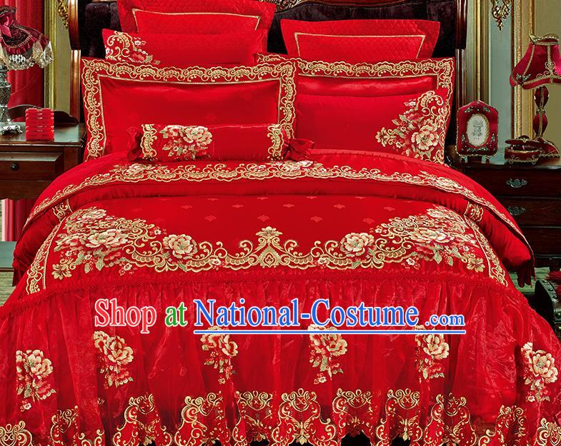 Traditional Asian Chinese Wedding Palace Qulit Cover Bedding Sheet Embroidered Flowers Red Satin Ten-piece Duvet Cover Textile Complete Set