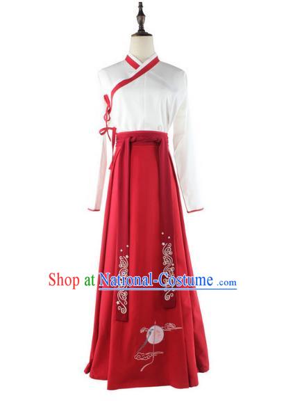 Traditional Chinese Ancient Han Dynasty Young Lady Hanfu Costume Embroidered White Blouse and Red Skirt for Women