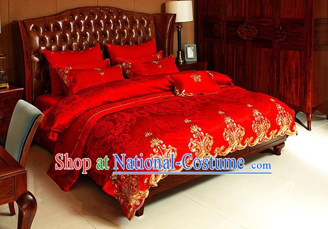 Traditional Asian Chinese Wedding Red Satin Palace Qulit Cover Bedding Sheet Embroidered Ten-piece Duvet Cover Textile Complete Set