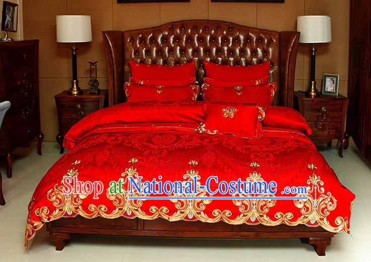 Traditional Chinese Style Wedding Bedding Article Embroidery Dragon and Phoenix Sheet and Duvet Cover Red Textile Bedding Suit