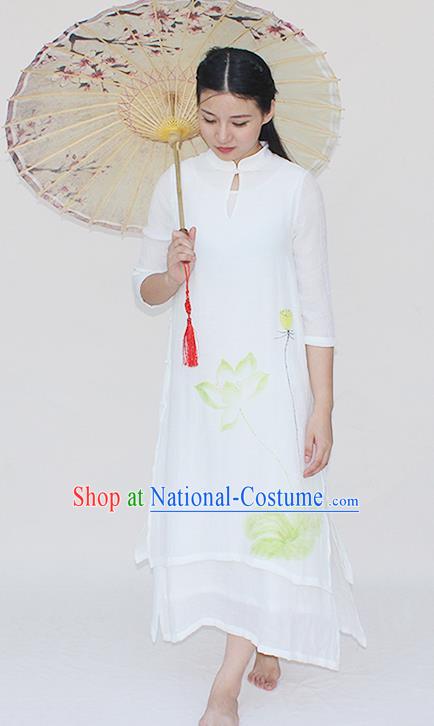 Traditional Chinese National Dress Costume Printing Lotus Qipao Stand Collar Cheongsam for Women