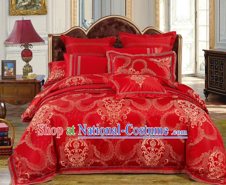 Traditional Asian Chinese Wedding Red Satin Palace Qulit Cover Bedding Sheet Ten-piece Duvet Cover Textile Complete Set