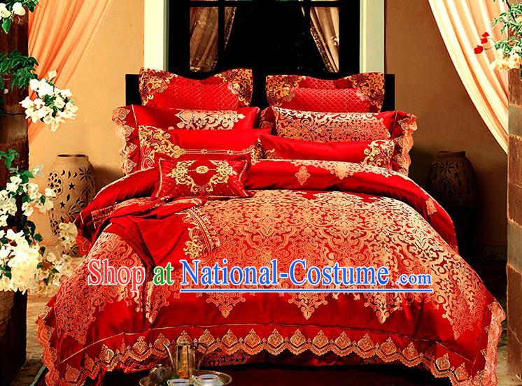 Traditional Asian Chinese Wedding Red Satin Palace Qulit Cover Bedding Sheet Ten-piece Duvet Cover Textile Complete Set