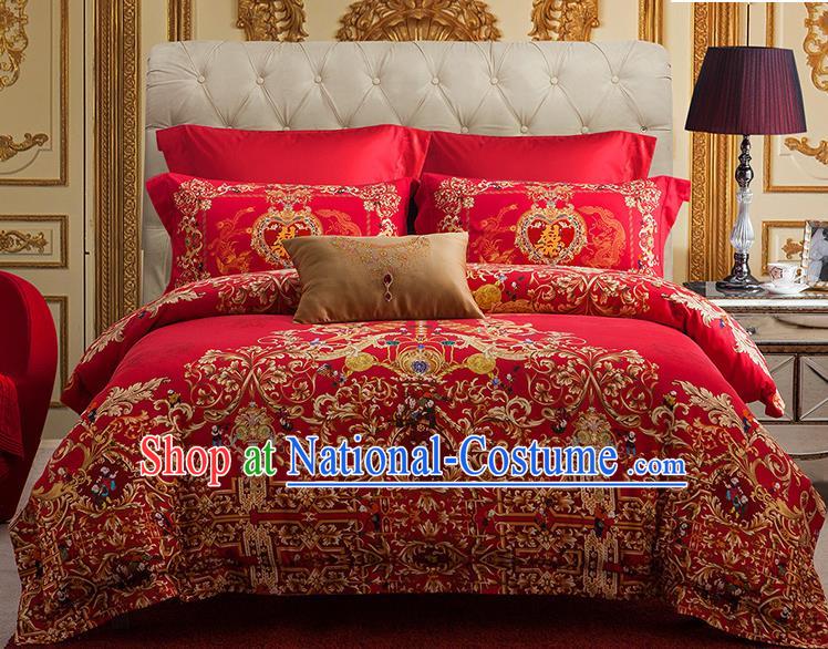 Traditional Asian Chinese Wedding Red Palace Qulit Cover Embroidered Bedding Sheet Four-piece Duvet Cover Textile Complete Set