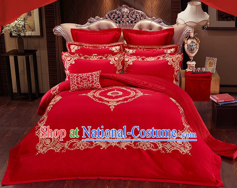 Traditional Asian Chinese Wedding Red Palace Qulit Cover Embroidered Bedding Sheet Ten-piece Duvet Cover Textile Complete Set