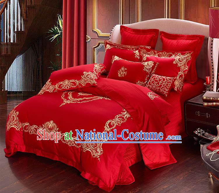 Traditional Chinese Style Wedding Bedding Article Embroidery Dragon and Phoenix Sheet and Duvet Cover Red Textile Bedding Suit