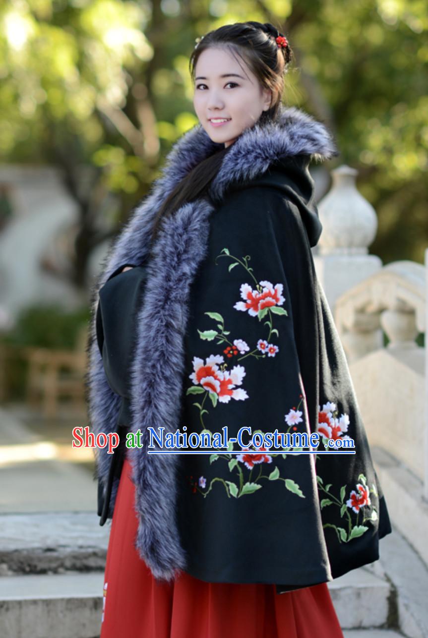 Ancient Chinese Style Black Embroidered Flower Mantle Cape Hanfu