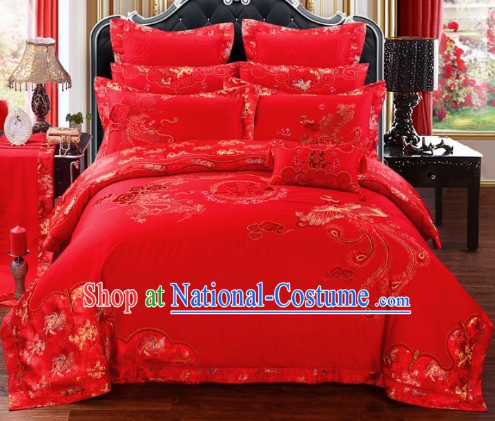 Traditional Chinese Wedding Red Embroidered Dragon Phoenix Ten-piece Bedclothes Duvet Cover Textile Qulit Cover Bedding Sheet Complete Set