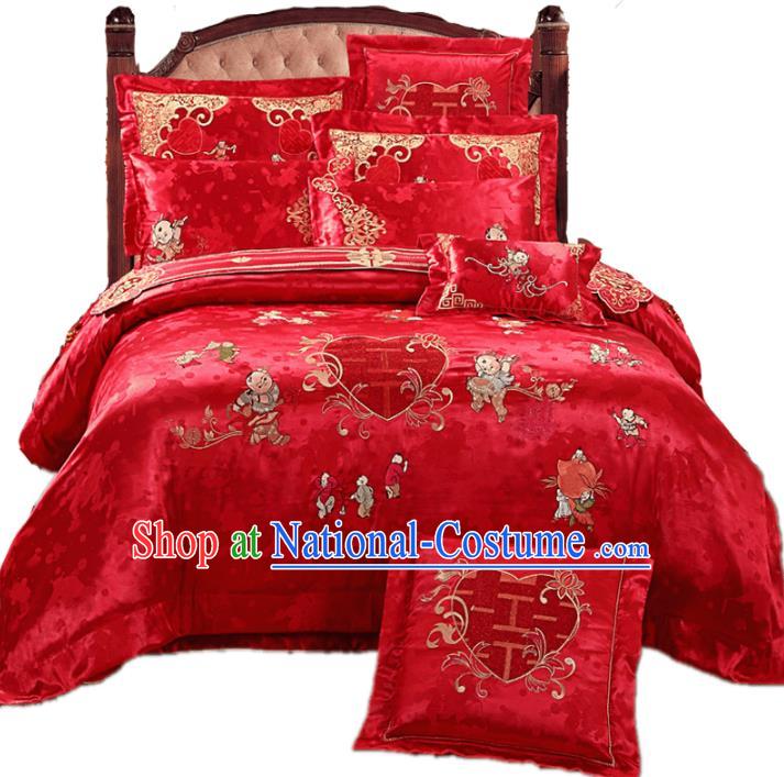 Traditional Chinese Wedding Red Embroidered Hundred Children Ten-piece Bedclothes Duvet Cover Textile Qulit Cover Bedding Sheet Complete Set