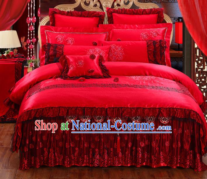 Traditional Chinese Wedding Red Embroidered Rose Ten-piece Bedclothes Duvet Cover Textile Qulit Cover Bedding Sheet Complete Set