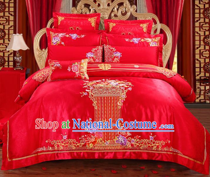 Traditional Chinese Wedding Red Embroidered Peony Ten-piece Bedclothes Duvet Cover Textile Qulit Cover Bedding Sheet Complete Set