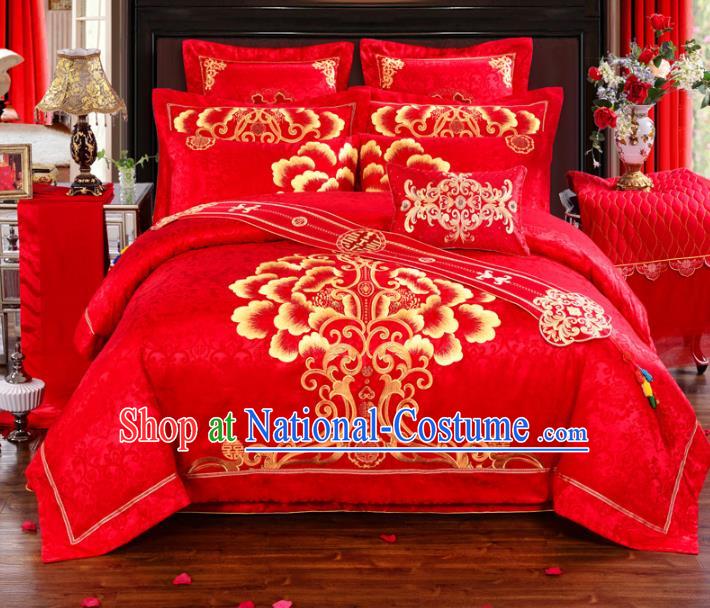 Traditional Chinese Wedding Red Embroidered Ten-piece Bedclothes Duvet Cover Textile Qulit Cover Bedding Sheet Complete Set