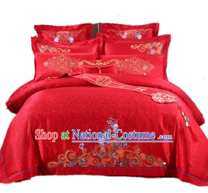 Traditional Chinese Wedding Red Embroidered Ten-piece Bedclothes Duvet Cover Textile Qulit Cover Bedding Sheet Complete Set