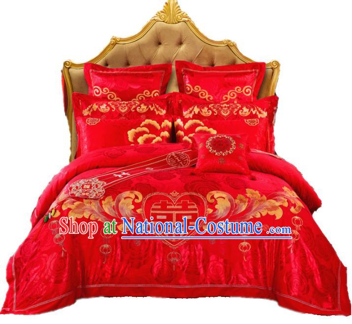 Traditional Chinese Wedding Red Embroidered Ten-piece Bedclothes Duvet Cover Textile Qulit Cover Bedding Sheet Complete Set