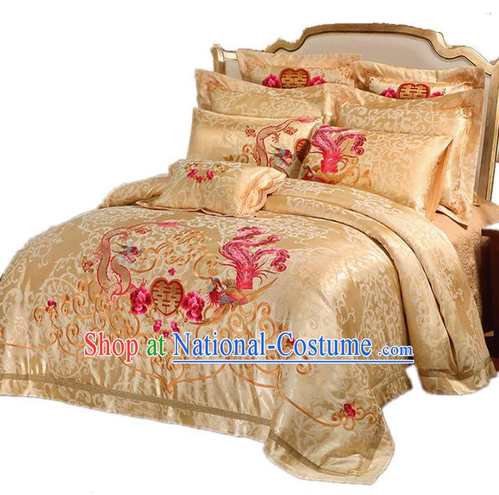 Traditional Chinese Wedding Yellow Satin Embroidered Dragon Phoenix Ten-piece Bedclothes Duvet Cover Textile Qulit Cover Bedding Sheet Complete Set