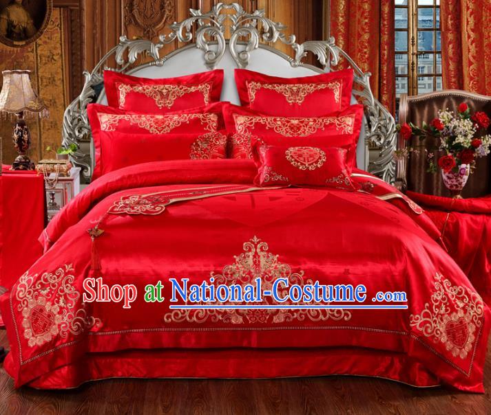 Traditional Chinese Wedding Red Satin Embroidered Flowers Ten-piece Bedclothes Duvet Cover Textile Qulit Cover Bedding Sheet Complete Set