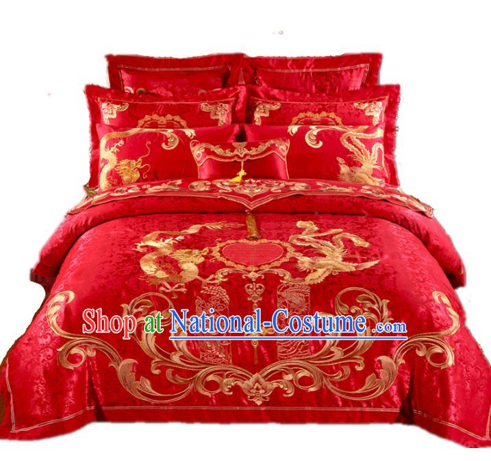 Traditional Chinese Wedding Red Satin Embroidered Dragon Phoenix Ten-piece Bedclothes Duvet Cover Textile Qulit Cover Bedding Sheet Complete Set