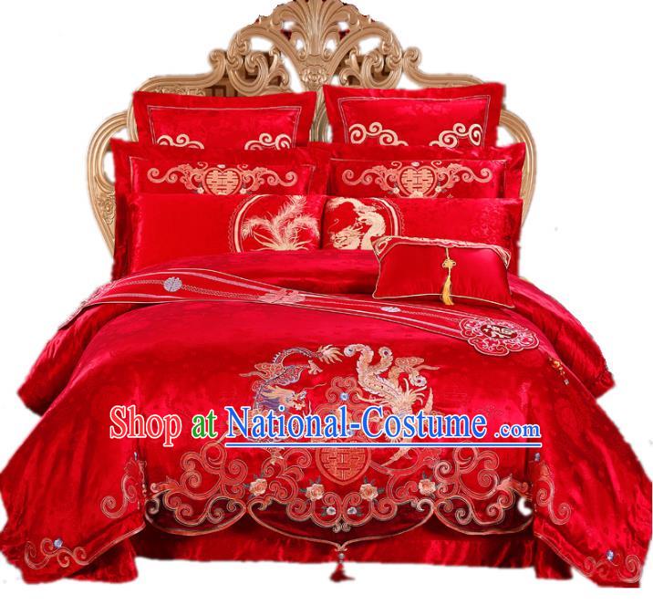 Traditional Chinese Wedding Red Satin Embroidered Dragon Phoenix Ten-piece Bedclothes Duvet Cover Textile Qulit Cover Bedding Sheet Complete Set