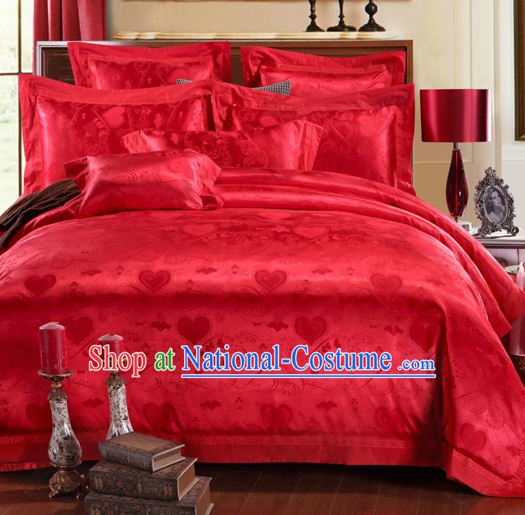 Traditional Chinese Wedding Red Satin Embroidered Four-piece Bedclothes Duvet Cover Textile Qulit Cover Bedding Sheet Complete Set