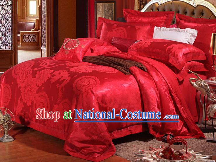 Traditional Chinese Wedding Red Satin Embroidered Phoenix Four-piece Bedclothes Duvet Cover Textile Qulit Cover Bedding Sheet Complete Set