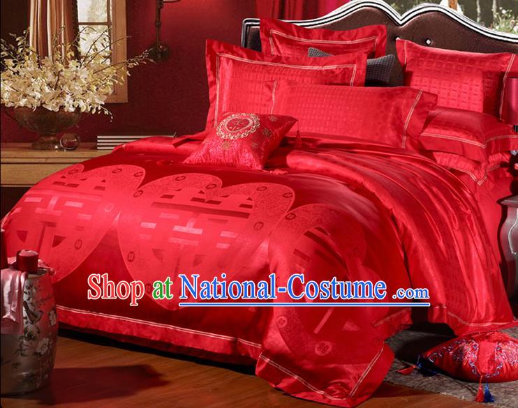 Traditional Chinese Wedding Red Satin Embroidered Four-piece Bedclothes Duvet Cover Textile Qulit Cover Bedding Sheet Complete Set