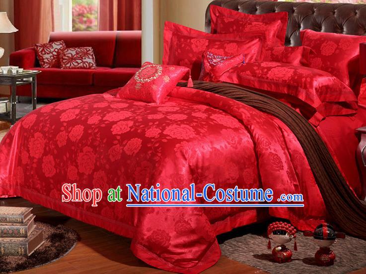 Traditional Chinese Wedding Red Satin Embroidered Peony Four-piece Bedclothes Duvet Cover Textile Qulit Cover Bedding Sheet Complete Set