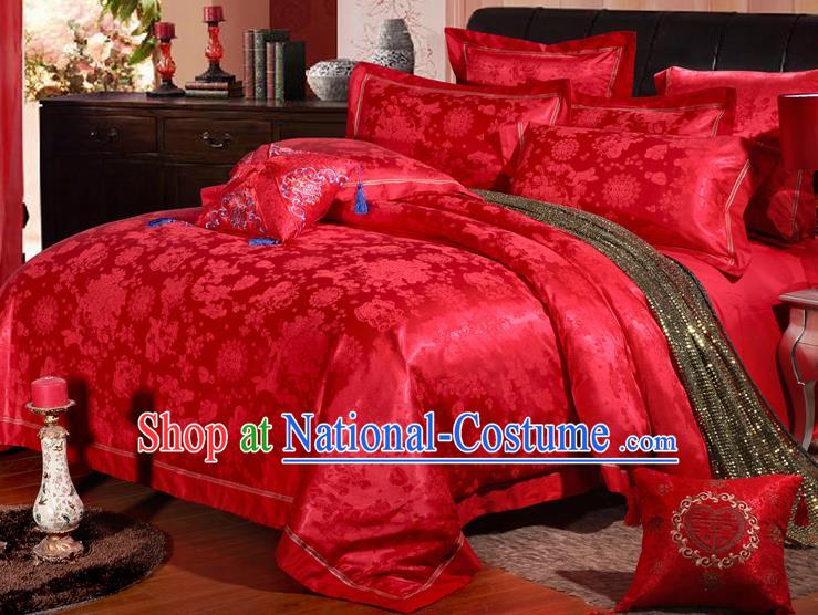 Traditional Chinese Wedding Red Satin Embroidered Peony Four-piece Bedclothes Duvet Cover Textile Qulit Cover Bedding Sheet Complete Set