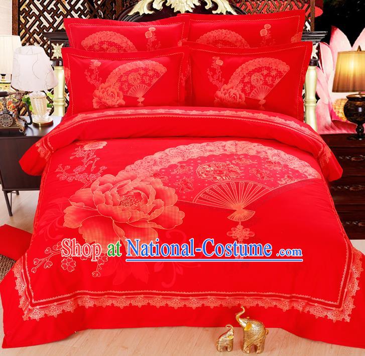 Traditional Chinese Wedding Red Printing Peony Four-piece Bedclothes Duvet Cover Textile Qulit Cover Bedding Sheet Complete Set