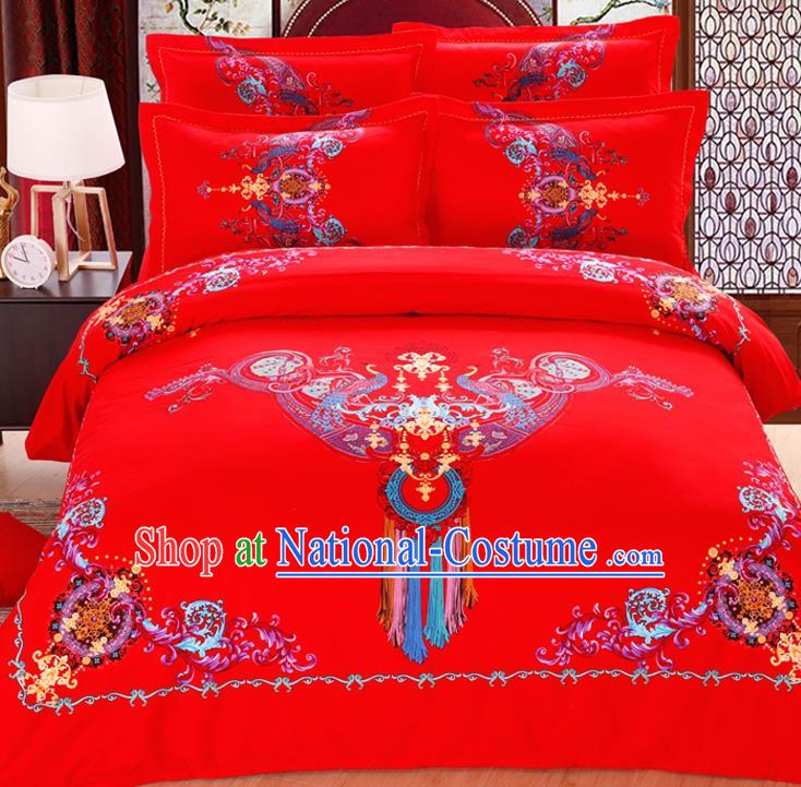 Traditional Chinese Wedding Red Printing Four-piece Bedclothes Duvet Cover Textile Qulit Cover Bedding Sheet Complete Set