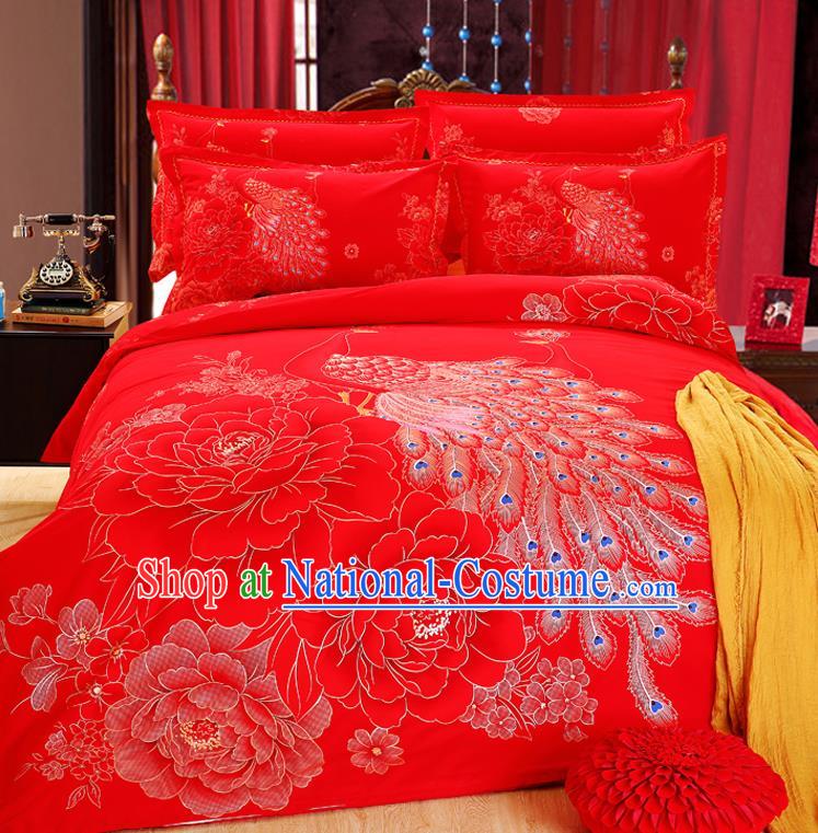 Traditional Chinese Wedding Red Printing Peacock Four-piece Bedclothes Duvet Cover Textile Qulit Cover Bedding Sheet Complete Set