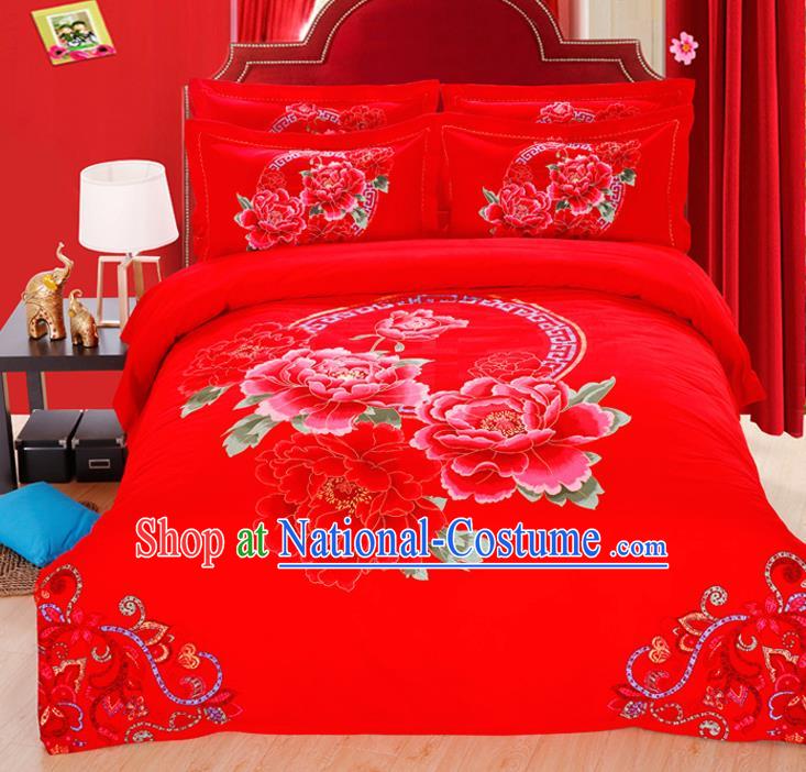 Traditional Chinese Wedding Red Printing Peony Four-piece Bedclothes Duvet Cover Textile Qulit Cover Bedding Sheet Complete Set