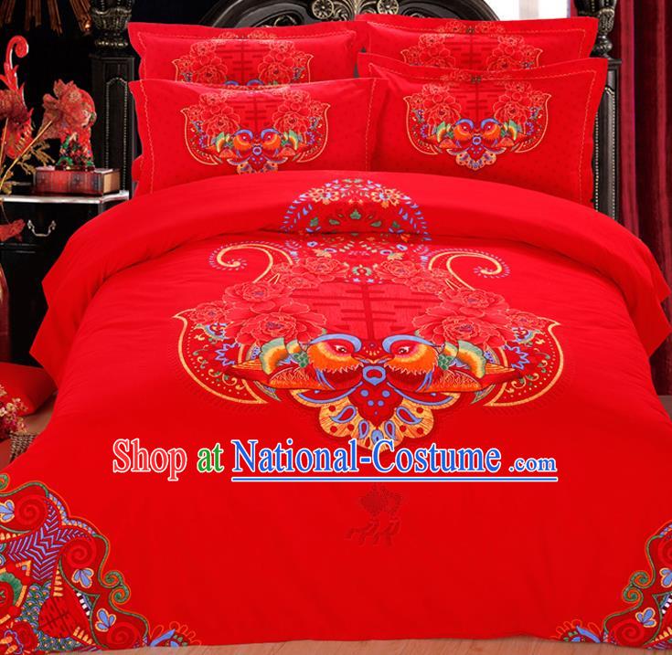 Traditional Chinese Wedding Red Printing Mandarin Duck Four-piece Bedclothes Duvet Cover Textile Qulit Cover Bedding Sheet Complete Set