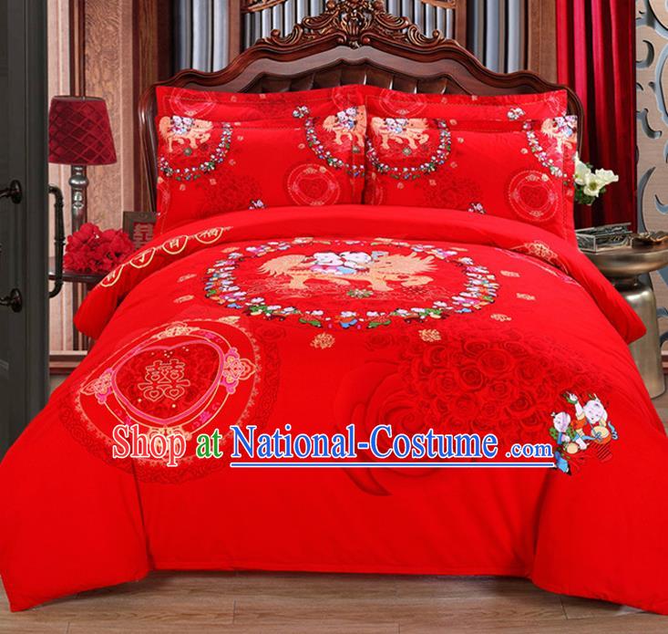 Traditional Chinese Wedding Red Printing Four-piece Bedclothes Duvet Cover Textile Qulit Cover Bedding Sheet Complete Set