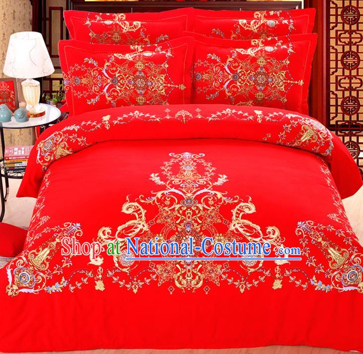 Traditional Chinese Wedding Red Printing Four-piece Bedclothes Duvet Cover Textile Qulit Cover Bedding Sheet Complete Set