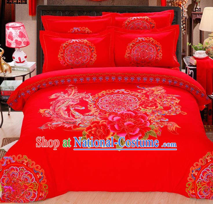 Traditional Chinese Wedding Red Printing Phoenix Peony Four-piece Bedclothes Duvet Cover Textile Qulit Cover Bedding Sheet Complete Set