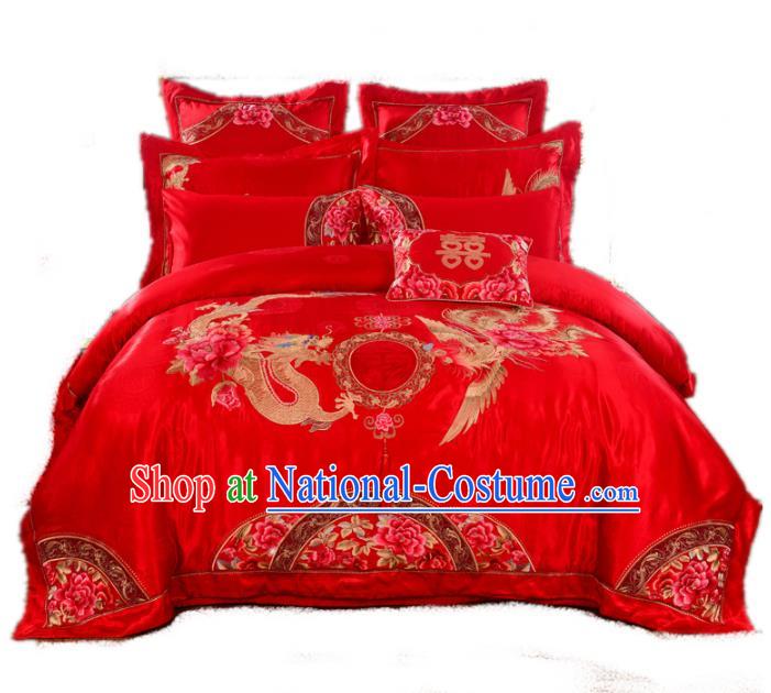 Traditional Chinese Wedding Red Embroidered Phoenix Peony Ten-piece Bedclothes Duvet Cover Textile Qulit Cover Bedding Sheet Complete Set