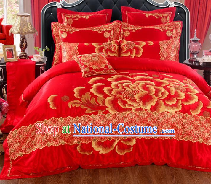 Traditional Chinese Wedding Red Embroidered Peony Ten-piece Bedclothes Duvet Cover Textile Qulit Cover Bedding Sheet Complete Set