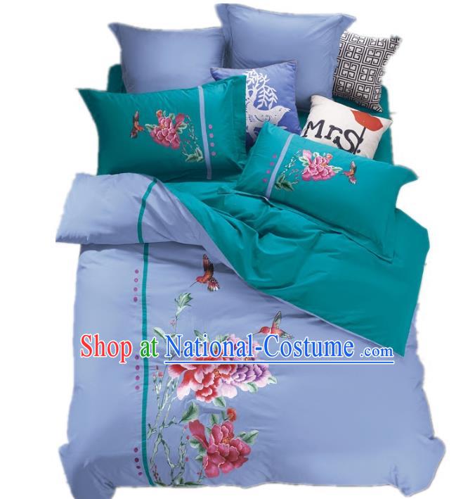 Traditional Chinese Wedding Blue Embroidered Peony Ten-piece Bedclothes Duvet Cover Textile Qulit Cover Bedding Sheet Complete Set