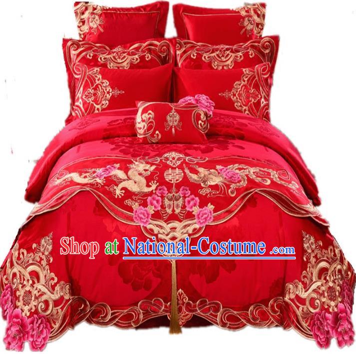 Traditional Chinese Wedding Red Satin Embroidered Dragon Phoenix Ten-piece Bedclothes Duvet Cover Textile Qulit Cover Bedding Sheet Complete Set